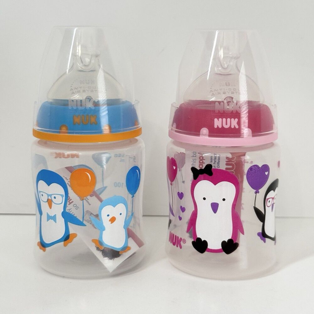 NUK Anti-Colic Wide-Neck Plastic Bottles 5oz Penguin Print Pink & Blue 2-Pack